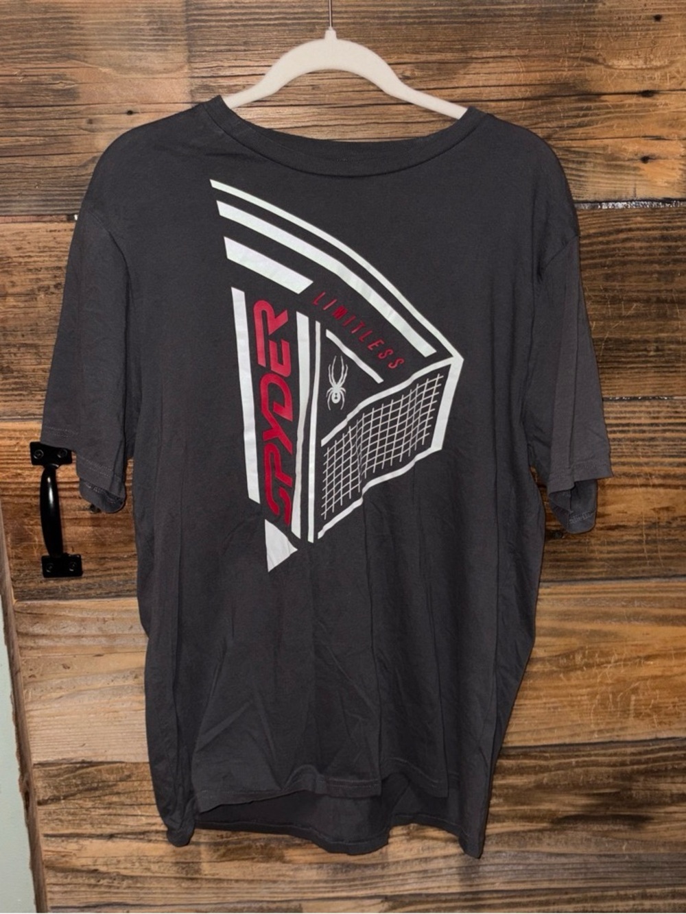 NWOT Spyder Men's Gray Graphic Tee with Red and White Accents